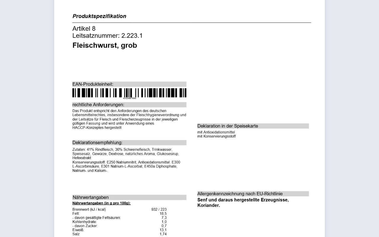 Artikelpass eines Artikels als PDF: Produktspezifikation mit EAN, rechtlichen Anforderungen, Deklarationsempfehlung, Nährwerten und Allergenen