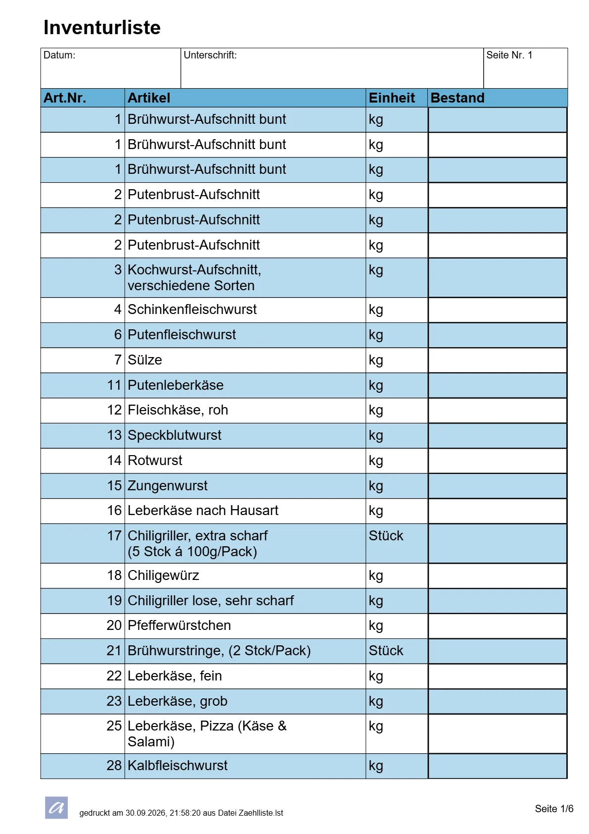 Inventurliste, Seite 1 von 6