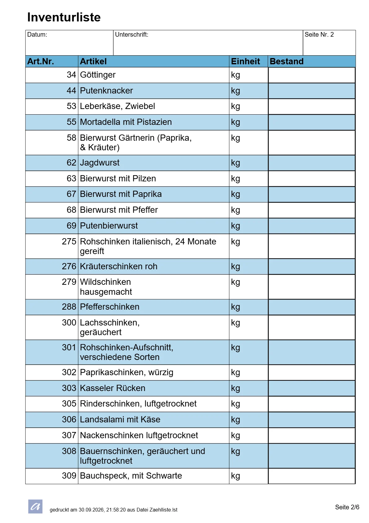 Inventurliste, Seite 2 von 6