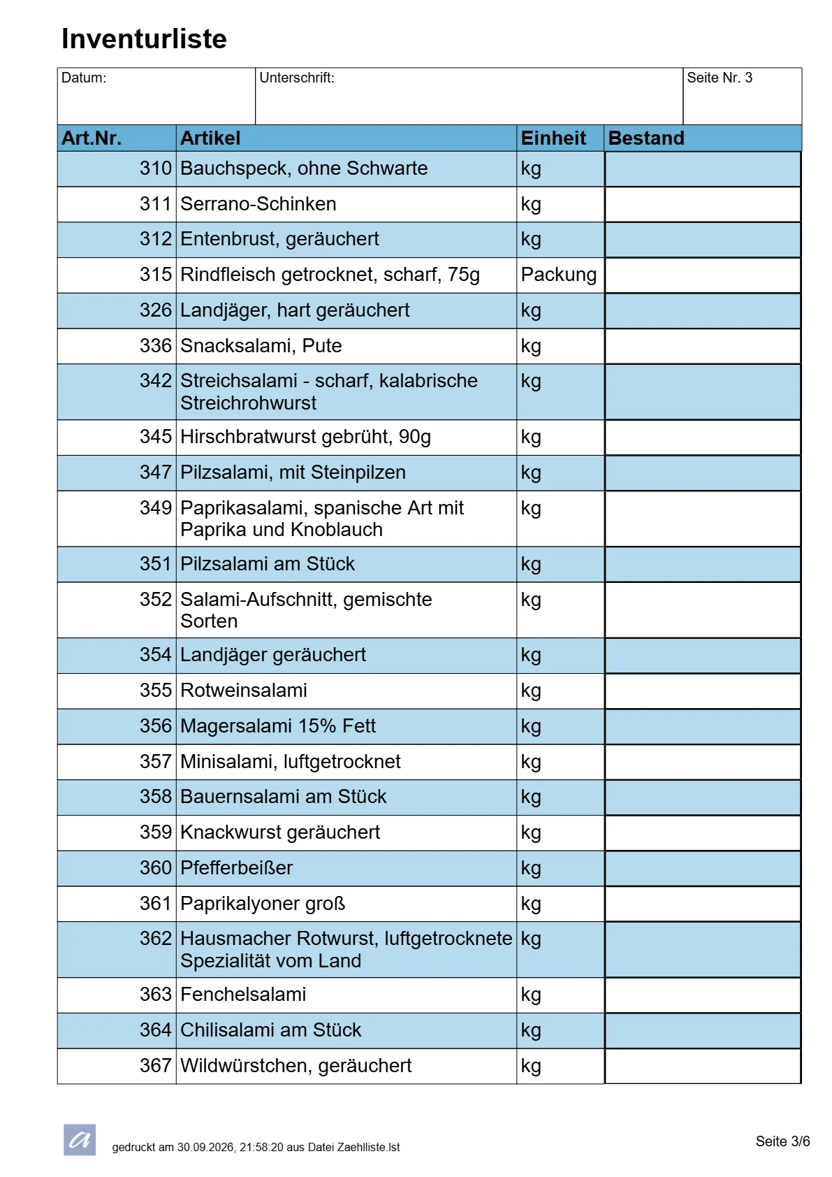 Inventurliste, Seite 3 von 6