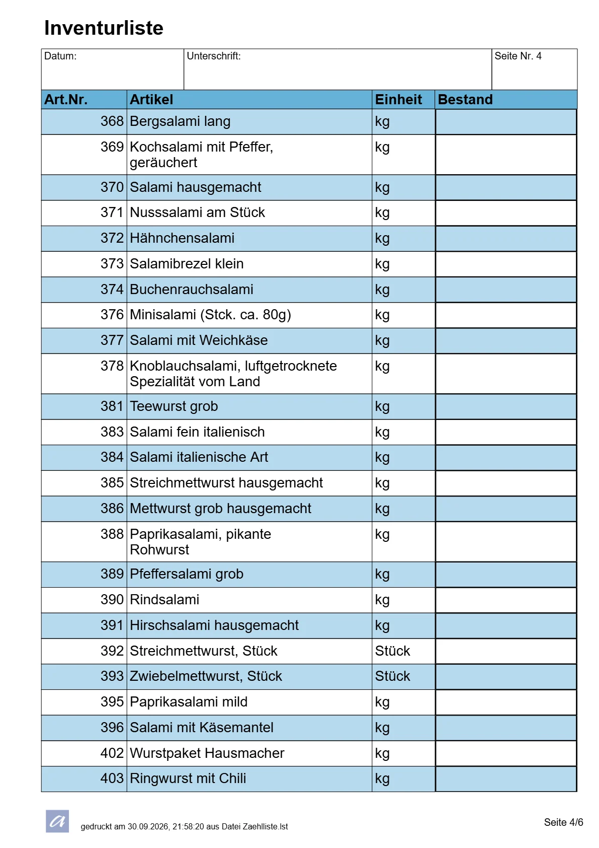 Inventurliste, Seite 4 von 6