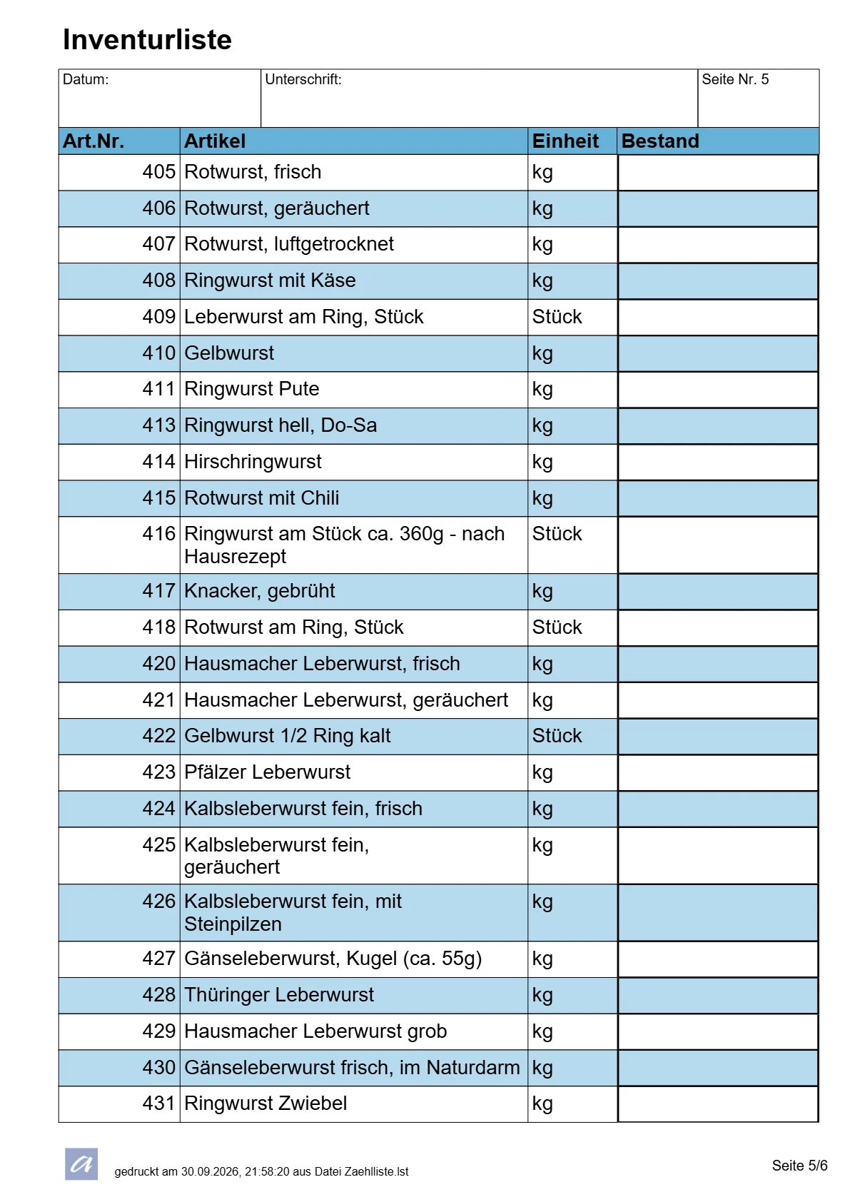 Inventurliste, Seite 5 von 6
