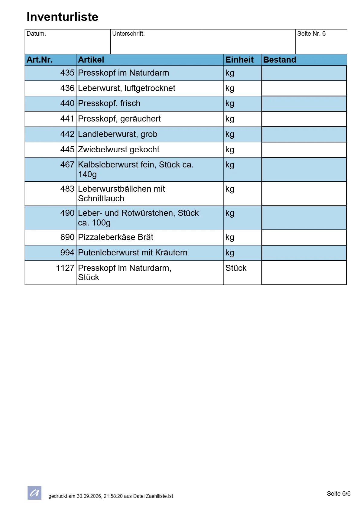 Inventurliste, Seite 6 von 6