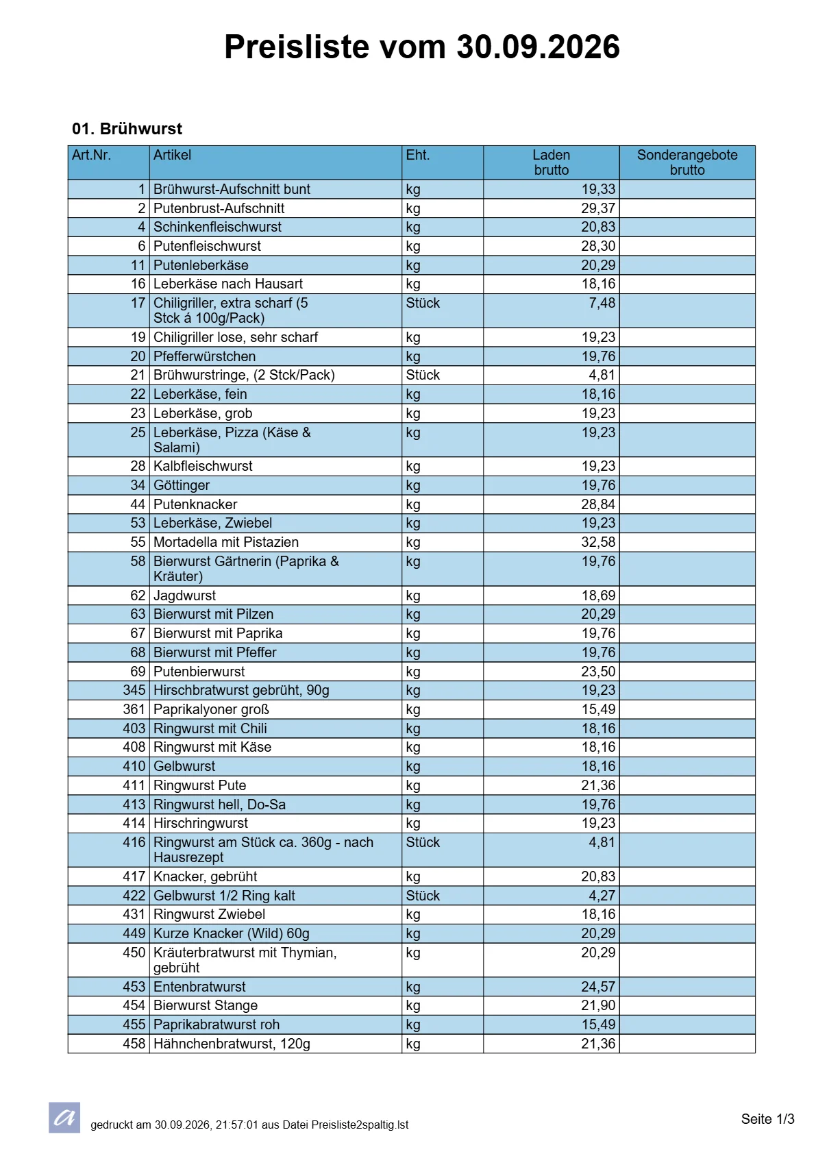 Preisliste, Seite 1 von 3