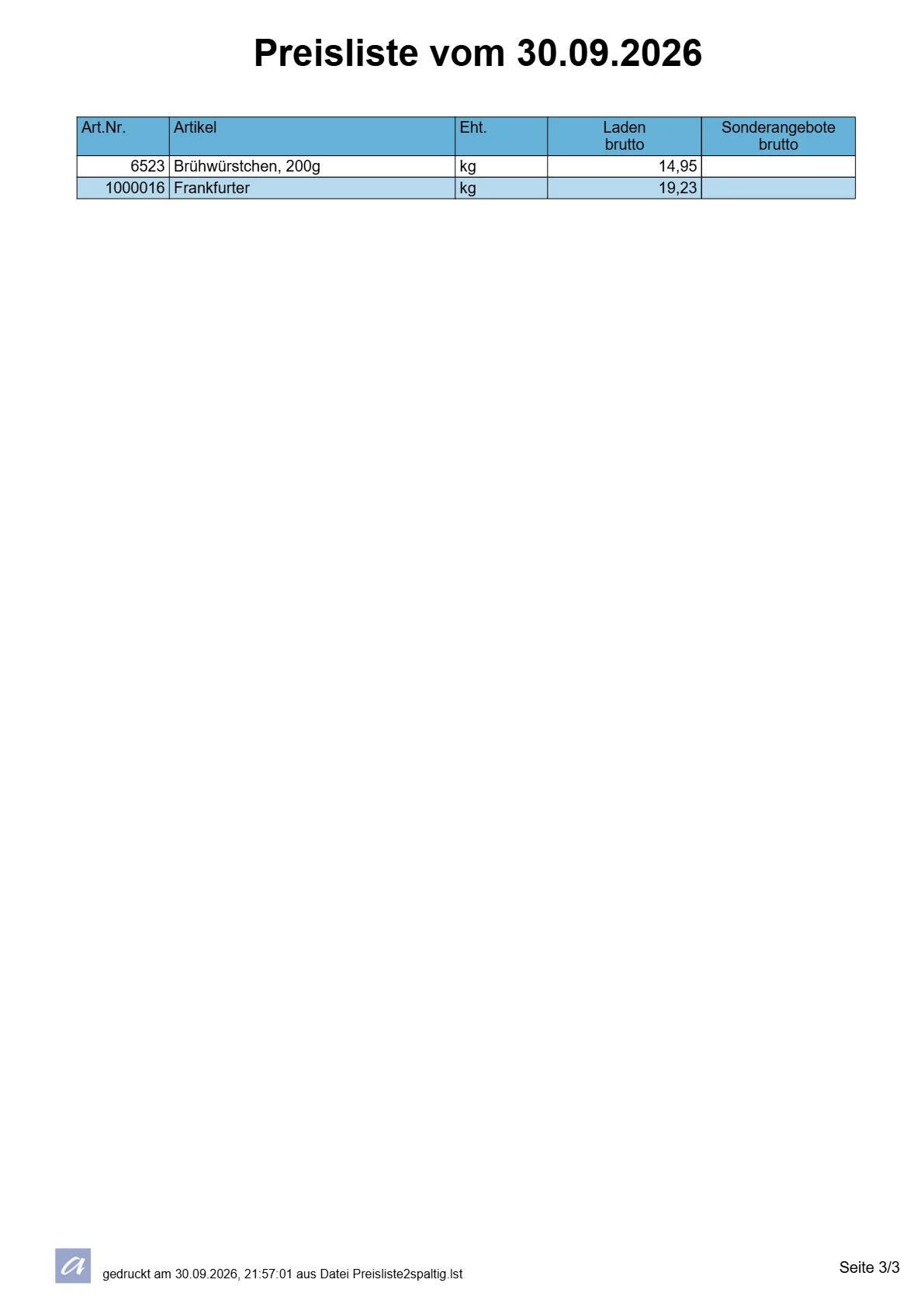 Preisliste, Seite 3 von 3